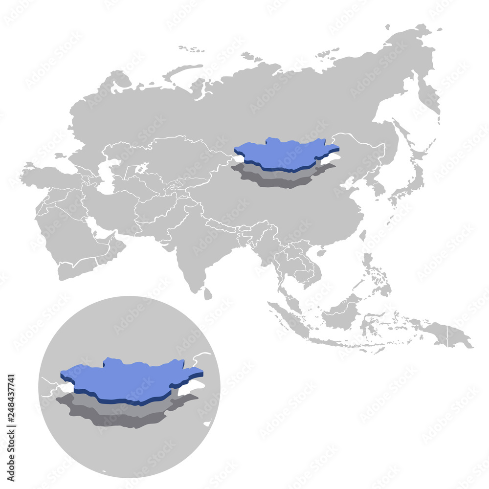 Vector illustration of Mongolia in blue on the grey model of Asia map with zooming replica of country.