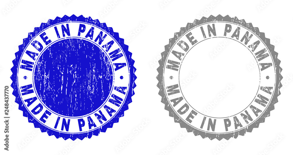 Grunge MADE IN PANAMA stamp seals isolated on a white background. Rosette seals with grunge texture in blue and grey colors. Vector rubber stamp imprint of MADE IN PANAMA label inside round rosette. Grunge MADE IN PANAMA stamp seals isolated on a white background. Rosette seals with grunge texture in blue and grey colors. Vector rubber stamp imprint of MADE IN PANAMA label inside round rosette.