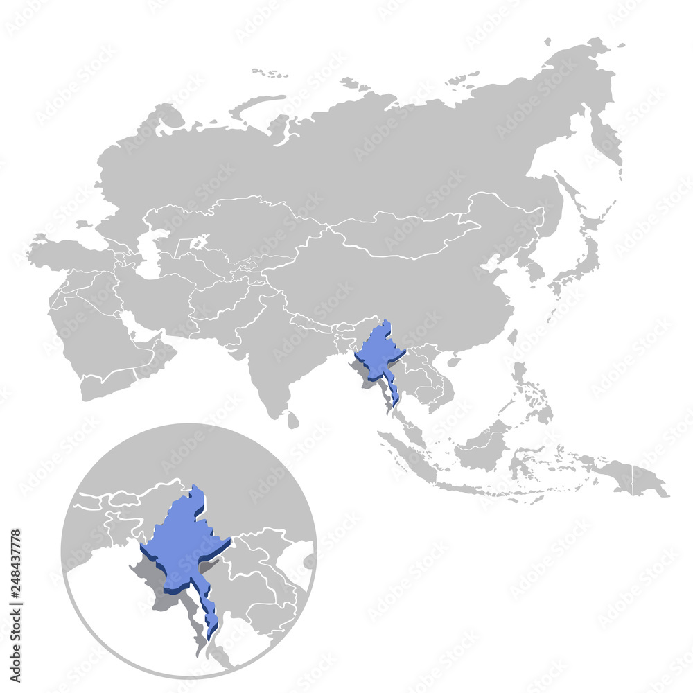 Fototapeta premium Vector illustration of Myanmar in blue on the grey model of Asia map with zooming replica of country.
