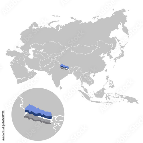Vector illustration of Nepal in blue on the grey model of Asia map with zooming replica of country.