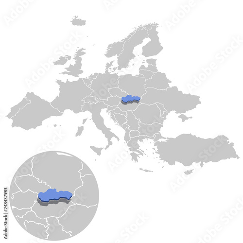 Vector illustration of Slovakia in blue on the grey model of Europe map with zooming replica of country.