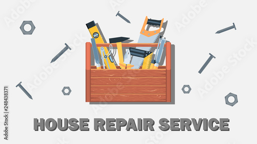 Wooden box with construction tools on white background. Nuts, bolts, screws around the box with Vector large format eps10 illustration