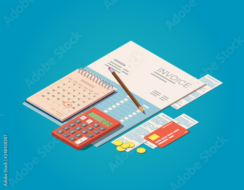 Vector isometric Invoices, calculator, calendar, pencil, coins and credit card. Billing payment time concept. Financial or business operations icon.