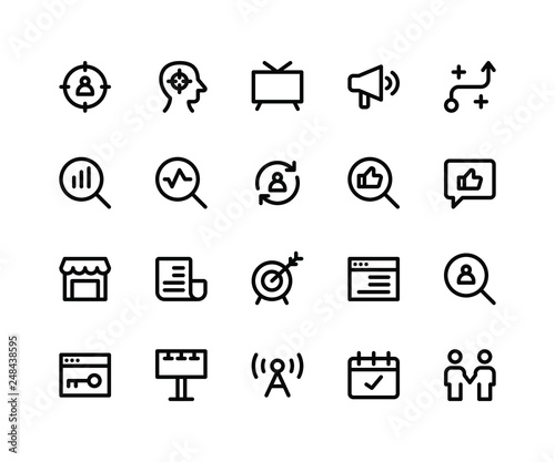 Simple Set of Marketing Related Vector Line Icons. Contains such Icons as target, strategy, feedback, goal and More. pixel perfect vector icons based on 32px grid. Editable Strokes