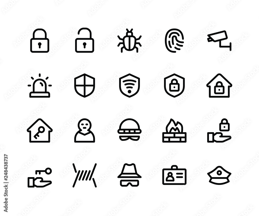 Simple Set of Security Related Vector Line Icons. Contains such Icons as lock, unlock, bug, finger print and More. pixel perfect vector icons based on 32px grid. Editable Strokes Simple Set of Security Related Vector Line Icons. Contains such Icons as lock, unlock, bug, finger print and More. pixel perfect vector icons based on 32px grid. Editable Strokes