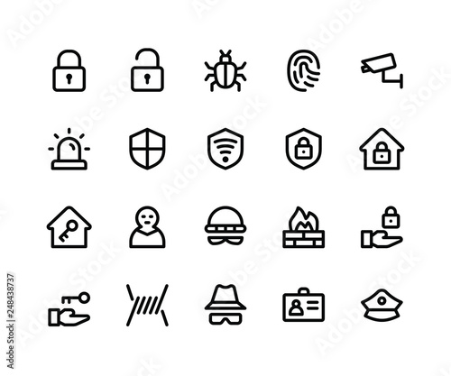 Simple Set of Security Related Vector Line Icons. Contains such Icons as lock, unlock, bug, finger print and More. pixel perfect vector icons based on 32px grid. Editable Strokes