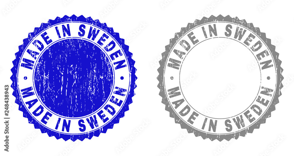 Grunge MADE IN SWEDEN stamp seals isolated on a white background. Rosette seals with distress texture in blue and grey colors.