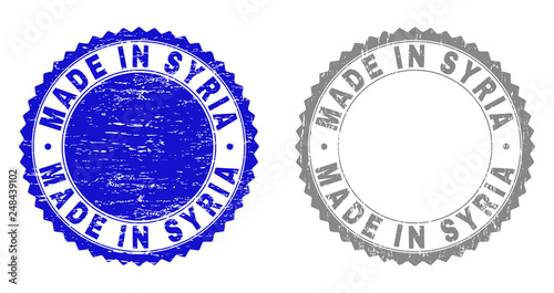 Grunge MADE IN SYRIA stamp seals isolated on a white background. Rosette seals with grunge texture in blue and gray colors. Vector rubber stamp imitation of MADE IN SYRIA tag inside round rosette.