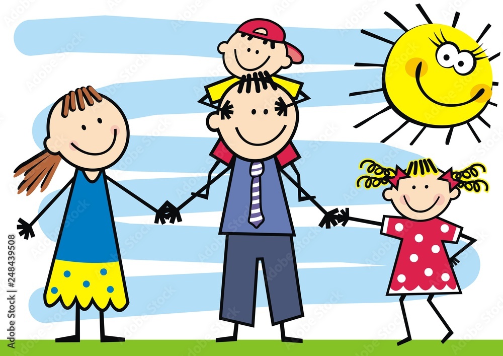Family, parents with children, happy vector illustration. Father, mother and small girl and boy. Cute picture of happy family. At background is sky and humorous sun. Stock Vector | Adobe Stock Family, parents with children, happy vector illustration. Father, mother and small girl and boy. Cute picture of happy family. At background is sky and humorous sun. Stock Vector | Adobe Stock