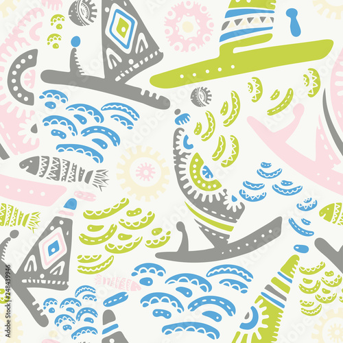 Seamless pattern with cute subject sea and ocean.Template with aquatic inhabitants. Ships and marine inhabitants. Vector graphics.
