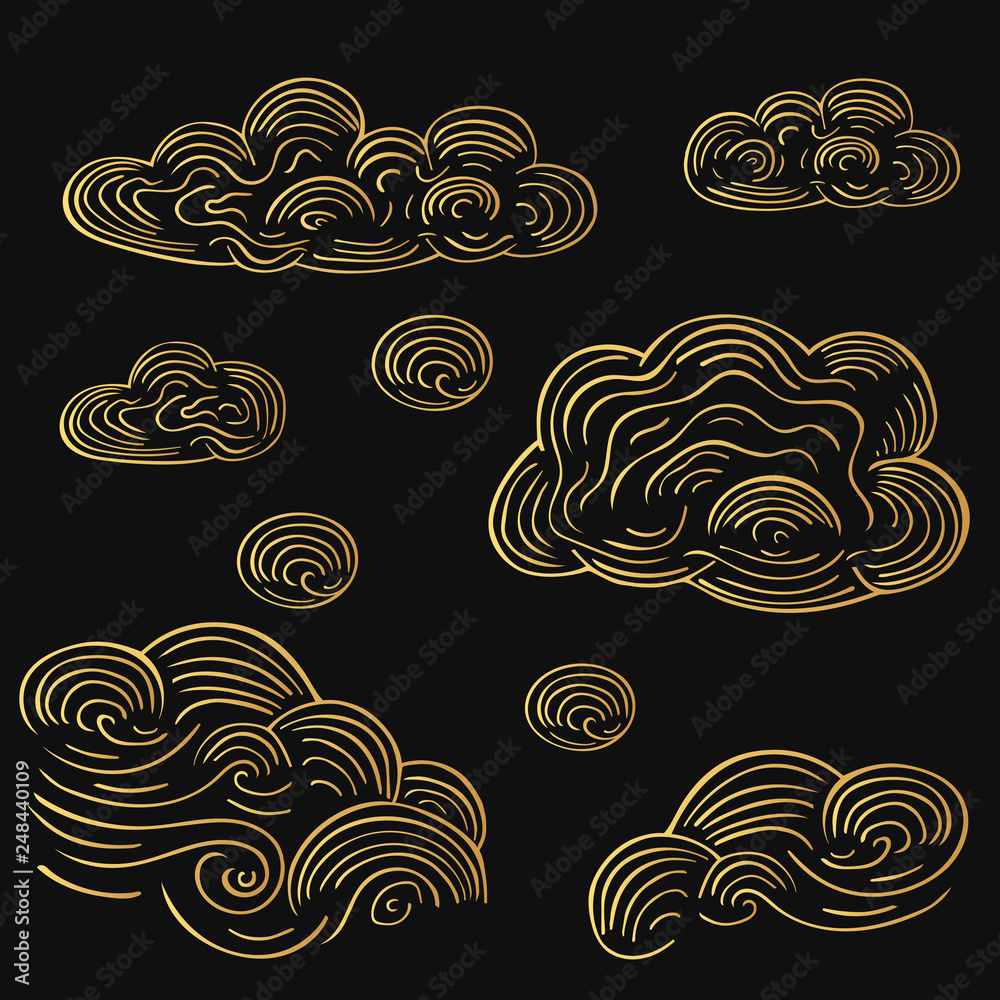 Hand drawn gold clouds in boho engraving style. Golden cloudy sky bohemian background.