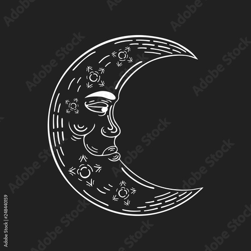 Hand drawn crescent moon in boho style. Vector bohemian ethnic tattoo. Magic scandinavian pattern.