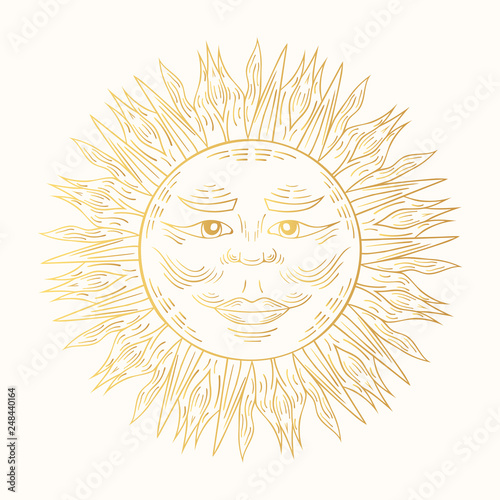Hand drawn golden mandala sun in boho style. Vector  bohemian tattoo. Magic gold scandinavian pattern.