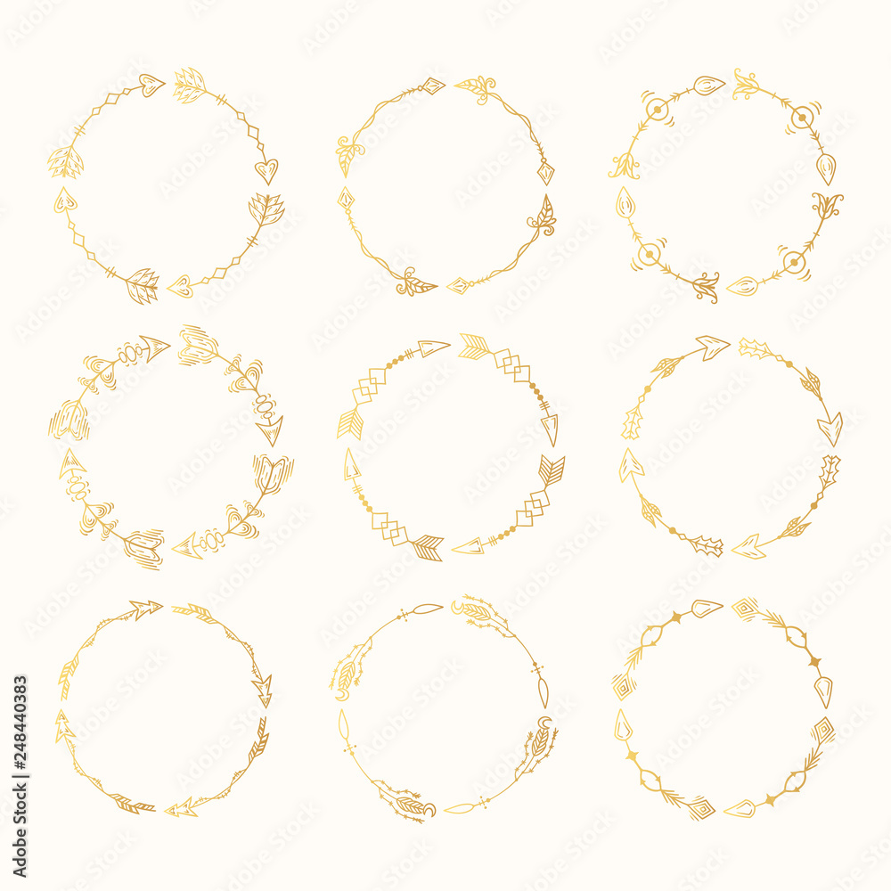 Set of Hand drawn golden tribal boho arrow frames. Ink aztec border. Bohemian style tattoo. Ethnic gold wreaths. Set of Hand drawn golden tribal boho arrow frames. Ink aztec border. Bohemian style tattoo. Ethnic gold wreaths.