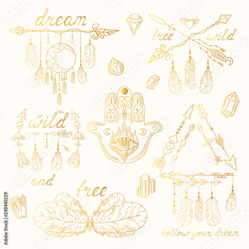 Hand drawn golden boho evil eye, dream catcher, arrows and feathers, hamsa tribal tattoo in bohemian, indian style. Magic scandinavian pattern. Ethnic gold frame.