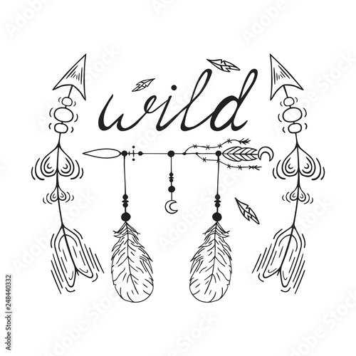 Hand drawn wild boho tribal design tattoo with ethnic traditional arrows in native bohemian, indian style. Magic aztec print.