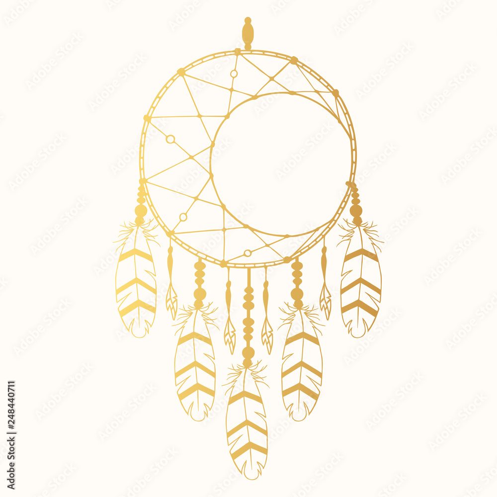 Hand drawn vintage bohemian gold dream catcher in boho style. Magic tribal indian golden tattoo. Traditional aztec print. Stock Vector | Adobe Stock Hand drawn vintage bohemian gold dream catcher in boho style. Magic tribal indian golden tattoo. Traditional aztec print. Stock Vector | Adobe Stock