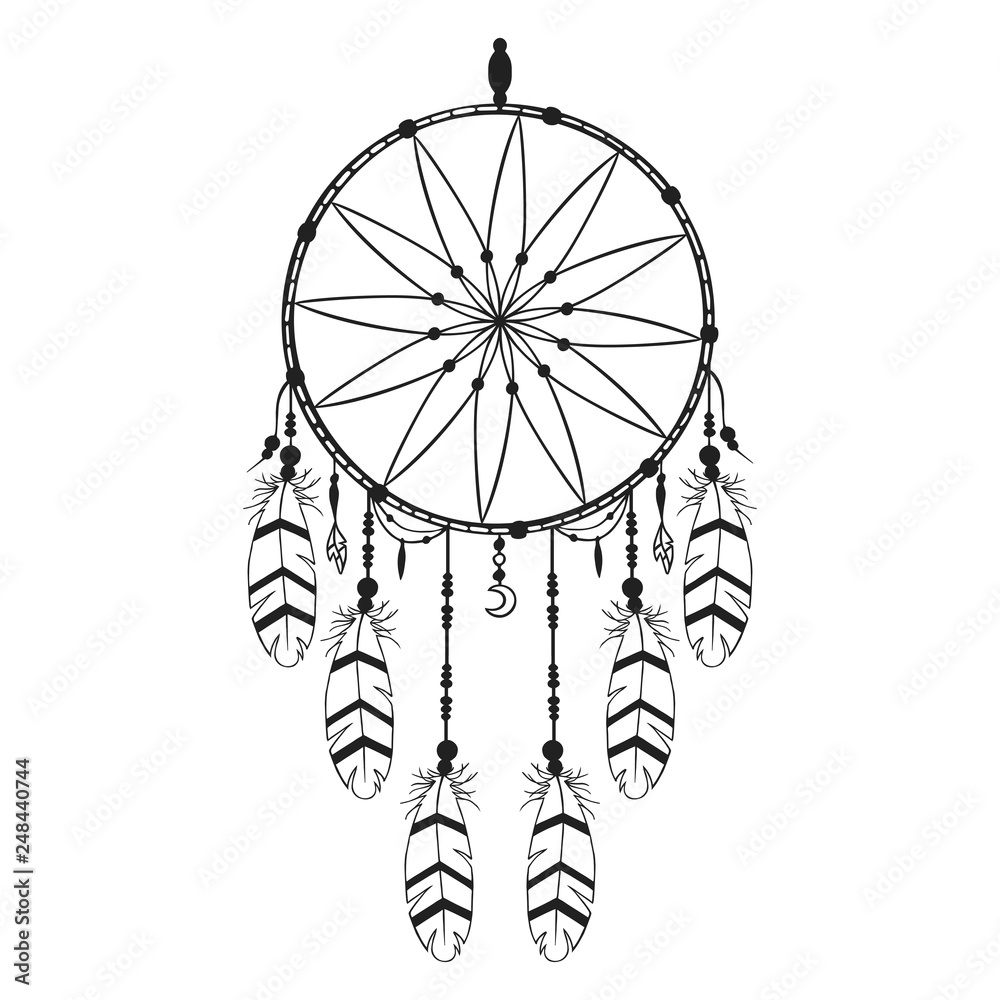 Hand drawn vintage bohemian dream catcher in boho style. Magic tribal indian tattoo. Traditional aztec print. Stock Vector | Adobe Stock Hand drawn vintage bohemian dream catcher in boho style. Magic tribal indian tattoo. Traditional aztec print. Stock Vector | Adobe Stock
