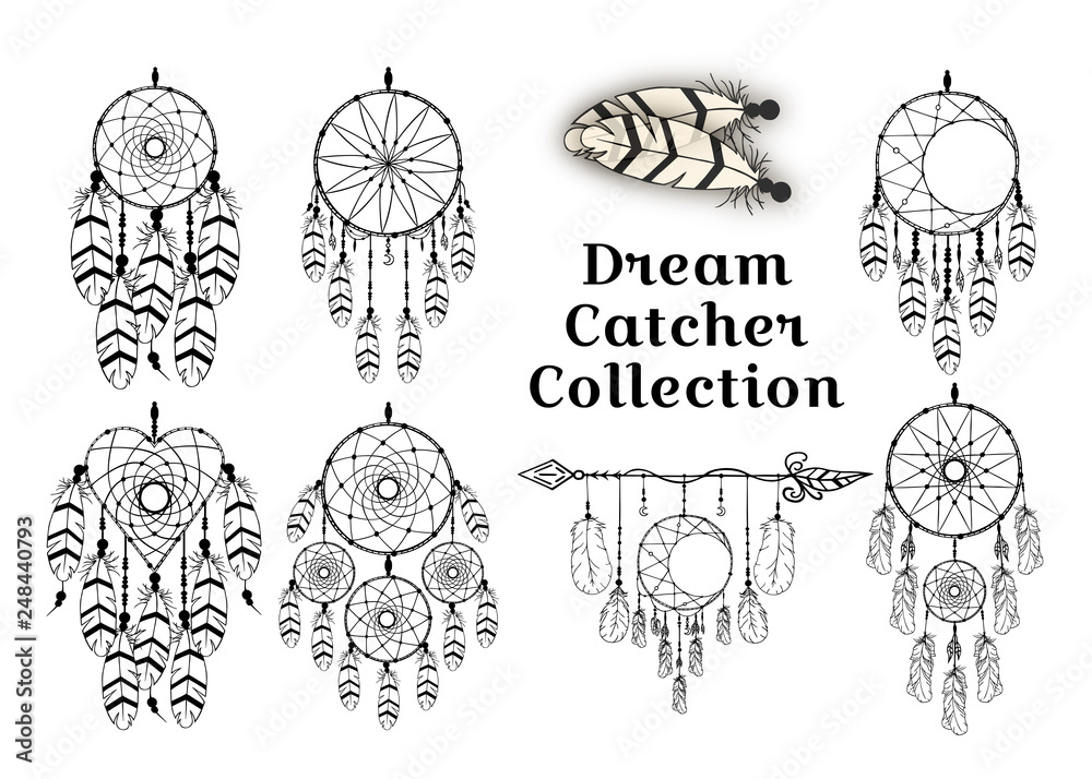 Hand drawn dream catcher collection in traditional boho style. Magic tribal indian tattoo. Aztec print. Bohemian feathers. Stock Vector