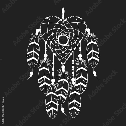 Hand drawn boho heart dream catcher in native indian style. Magic aztec tribal bohemian tattoo. Traditional love print.