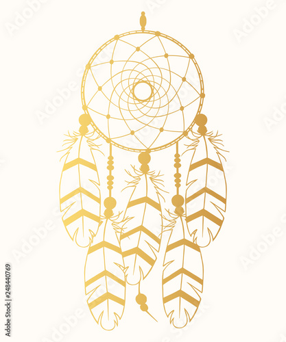 Hand drawn gold vintage bohemian dream catcher in boho style. Magic tribal indian golden tattoo. Traditional aztec print.