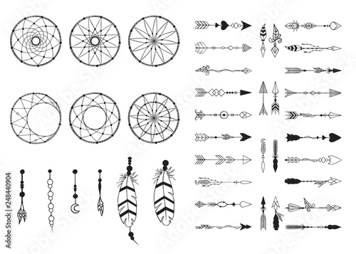 Hand drawn boho lace dream catcher creator and tribal arrows collection in traditional indian style. Navajo feathers. Magic bohemian tattoo. Aztec print.