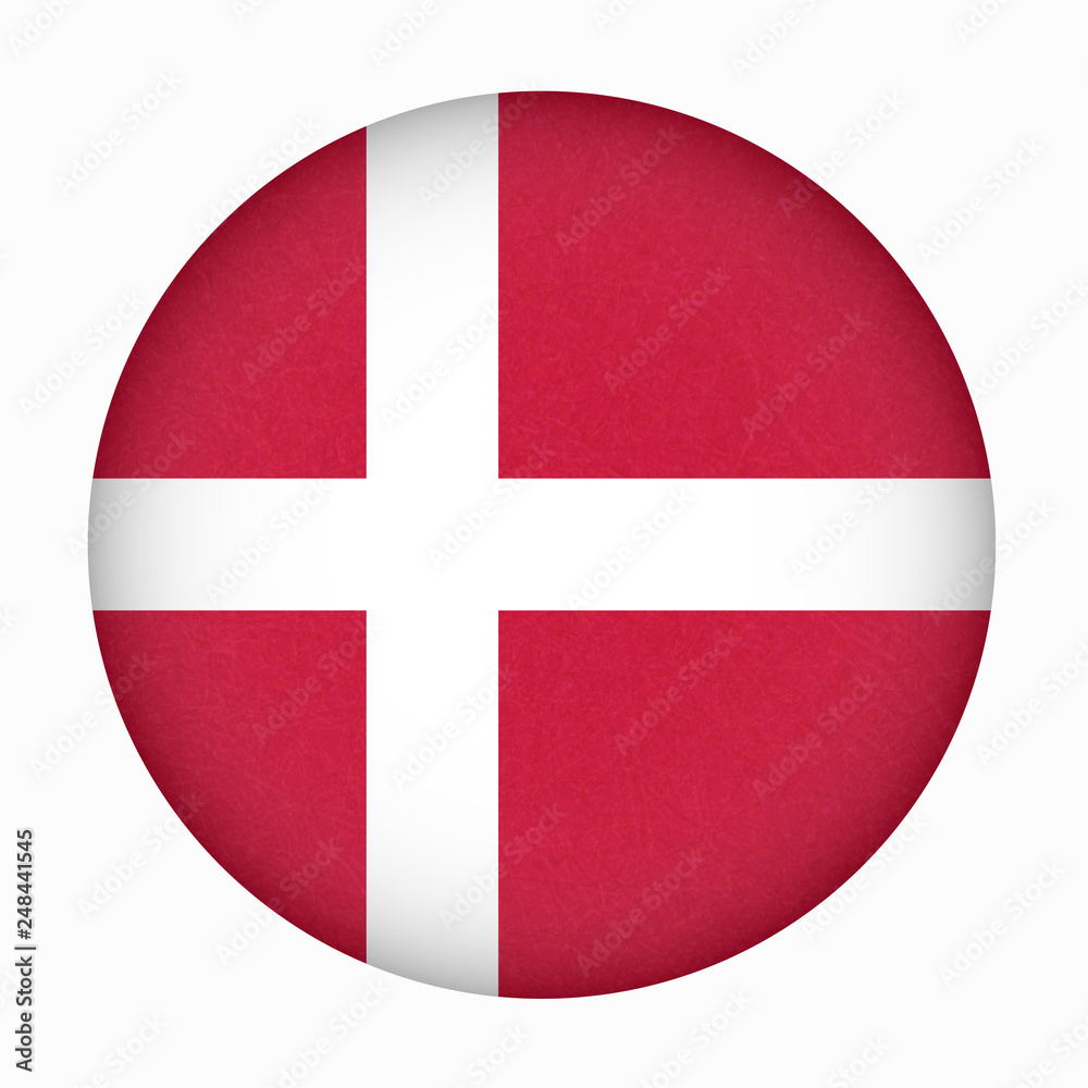 Flag of Denmark in circle shape, Scandinavian northern country. Isolated Danish banner with scratched texture, grunge. Flat style, vector with noise, marble textured background. Square orientation. Flag of Denmark in circle shape, Scandinavian northern country. Isolated Danish banner with scratched texture, grunge. Flat style, vector with noise, marble textured background. Square orientation.