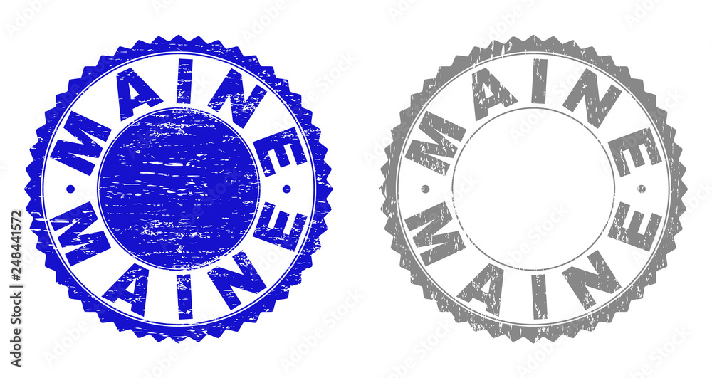 Grunge MAINE stamp seals isolated on a white background. Rosette seals with grunge texture in blue and grey colors. Vector rubber watermark of MAINE text inside round rosette. Grunge MAINE stamp seals isolated on a white background. Rosette seals with grunge texture in blue and grey colors. Vector rubber watermark of MAINE text inside round rosette.