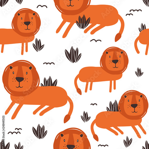 Lions, hand drawn backdrop. Colorful seamless pattern with animals. Decorative cute wallpaper, good for printing. Overlapping colored background vector