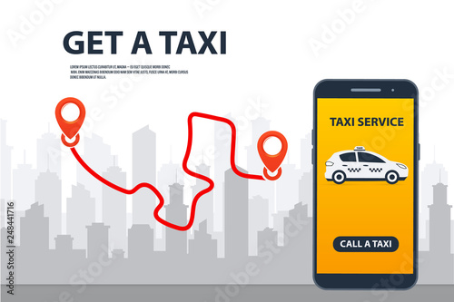 Taxi Service. Phone with interface taxi on a screen. Mobile phone with taxi app and yellow taxi on city background. Taxi online, internet service, navigation gps, cityscape and skyscrapers.