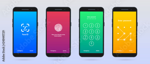 Screen Lock. Set of four mobile phone screen loch Passcode interface for lock screen or enter password pages.