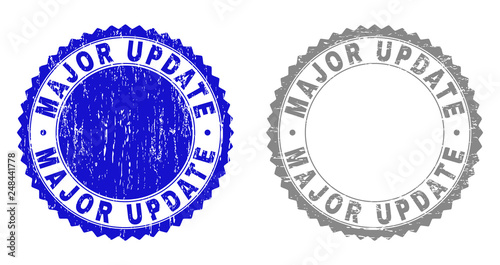 Grunge MAJOR UPDATE stamp seals isolated on a white background. Rosette seals with grunge texture in blue and grey colors. Vector rubber overlay of MAJOR UPDATE caption inside round rosette.