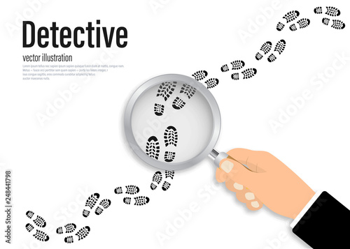 Footprints investigating. Hand holding magnifying glass above footprint flat illustration. Detective is investigating