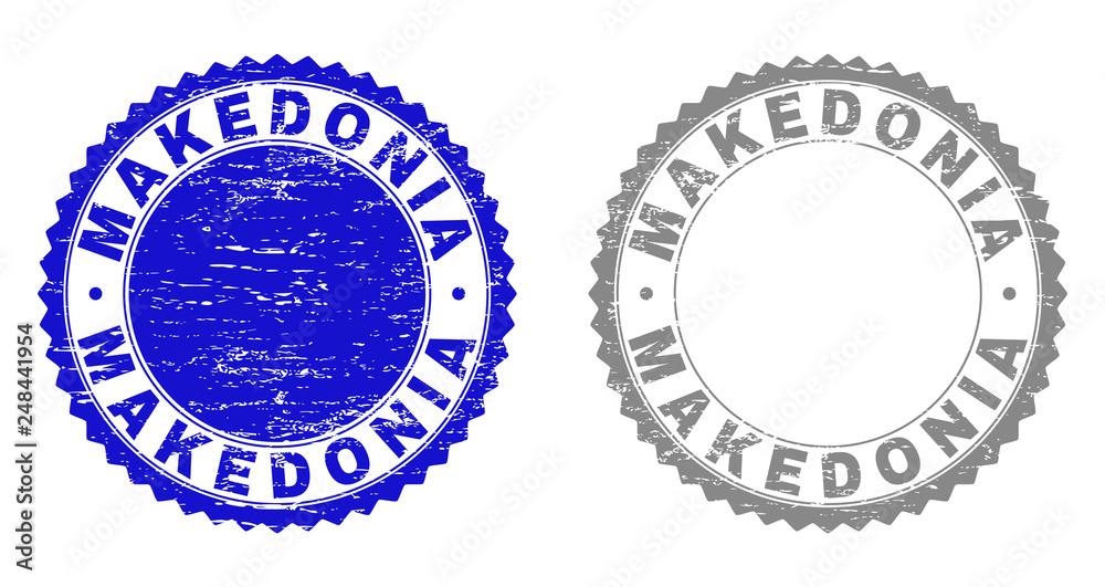 Grunge MAKEDONIA stamp seals isolated on a white background. Rosette seals with grunge texture in blue and grey colors. Vector rubber overlay of MAKEDONIA tag inside round rosette.