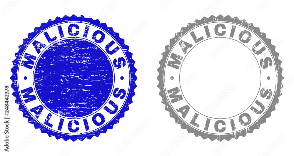 Grunge MALICIOUS stamp seals isolated on a white background. Rosette seals with grunge texture in blue and gray colors. Vector rubber stamp imprint of MALICIOUS text inside round rosette.