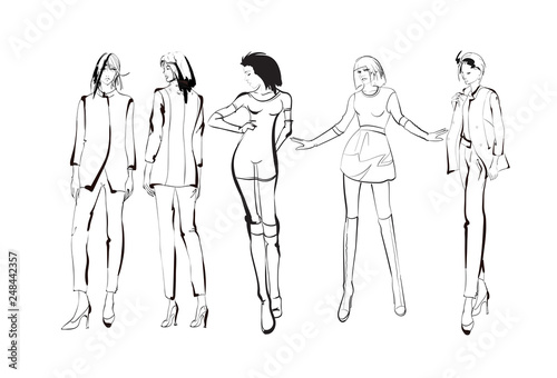 Stylish fashion models. Pretty young girls. Fashion womans Sketch