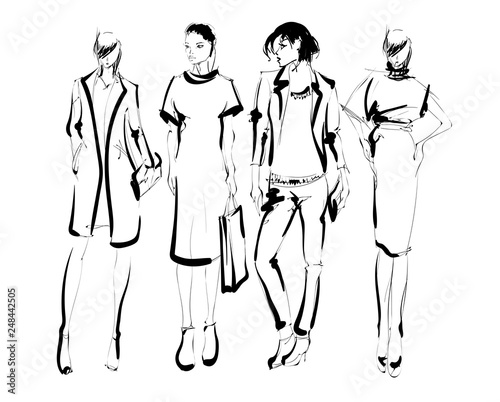 Stylish fashion models. Pretty young girls. Fashion womans Sketch