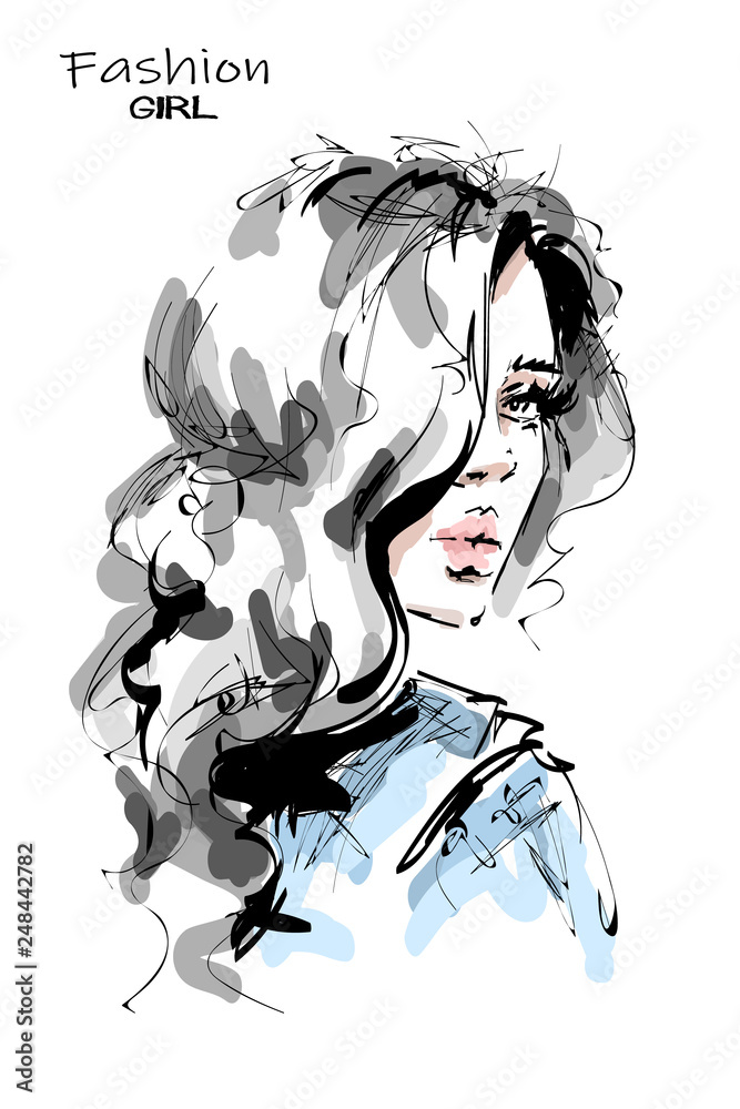 Hand drawn stylish beautiful young woman with long blonde hair. Beautiful  girl. Fashion look. Sketch. Vector illustration. Stock Vector | Adobe Stock