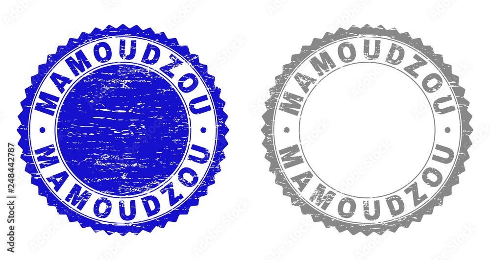 Obraz premium Grunge MAMOUDZOU stamp seals isolated on a white background. Rosette seals with grunge texture in blue and gray colors. Vector rubber stamp imitation of MAMOUDZOU label inside round rosette.
