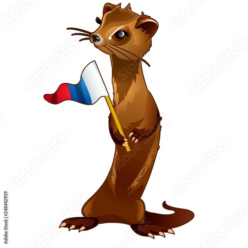 Fur forest animal holding a flag in the paws in the style of the Russian flag of the tricolour isolated on white background. Vector cartoon close-up illustration.