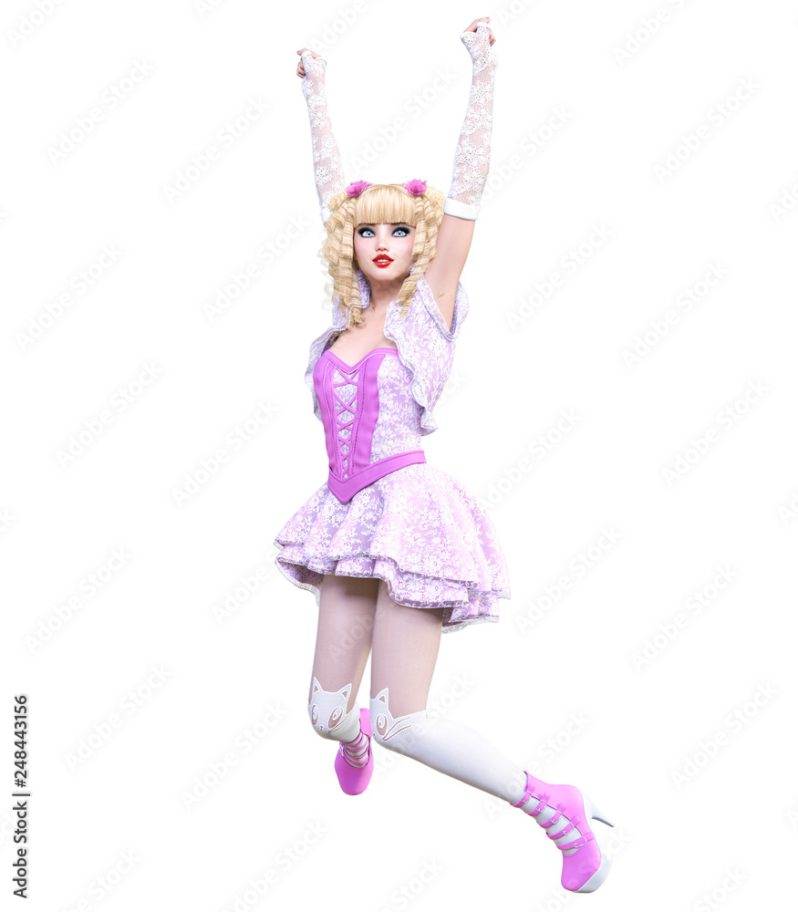 Young beautiful goth girl with doll face posing photo shoot. Short pink dress, stockings, shoes. Long blonde hair. Bright goth make up. Conceptual fashion art. Realistic 3D render illustration. Young beautiful goth girl with doll face posing photo shoot. Short pink dress, stockings, shoes. Long blonde hair. Bright goth make up. Conceptual fashion art. Realistic 3D render illustration.