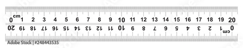 Ruler 20 centimeter. Ruler 200 mm. The direction of marking on the ruler from left to right and right to left. Value of division 0.5 mm. Precise length measurement device. Calibration grid.