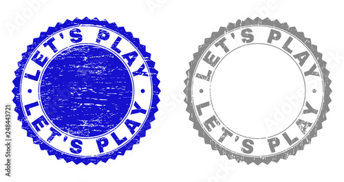 Grunge LET'S PLAY stamp seals isolated on a white background. Rosette seals with grunge texture in blue and gray colors. Vector rubber overlay of LET'S PLAY title inside round rosette.