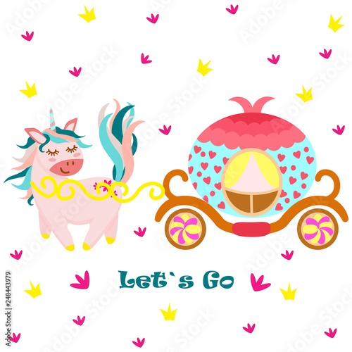 poster with unicorn and princess carriage - vector, illustration, eps