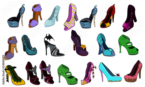 selection of hand drawn images of high heels for every event. A must for any fashion design