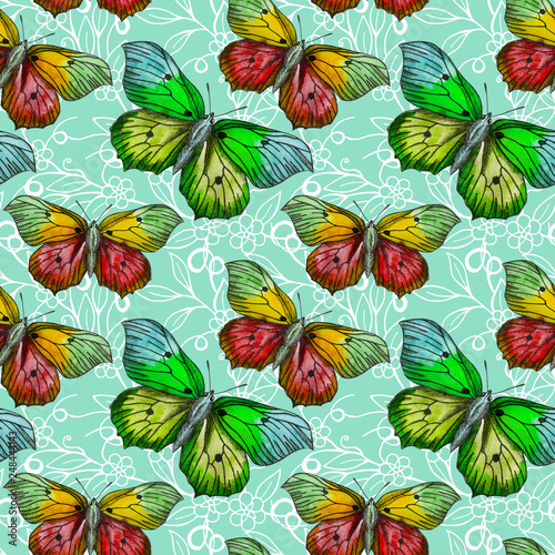 Seamless pattern with bytterflies. Floral. Graphic flowers.  Beautiful seamless floral pattern with butterflies. photo