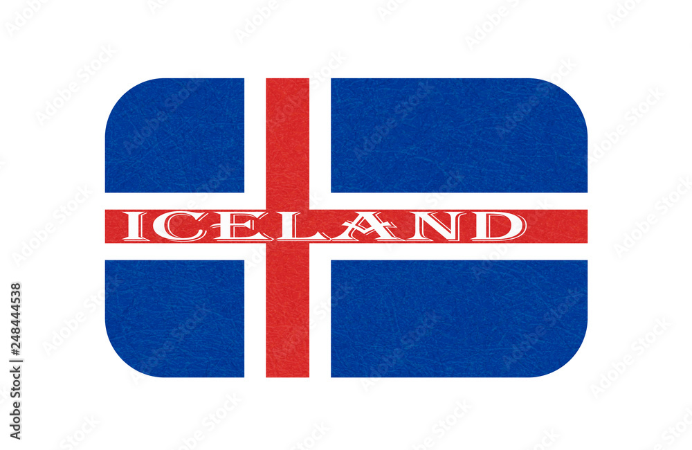 Obraz premium Iceland flag. Isolated icon of icelandic banner with scratched texture, grunge. Scandinavian northern country. Flat style, vector illustration with noise, marble textured background. Horizontal.