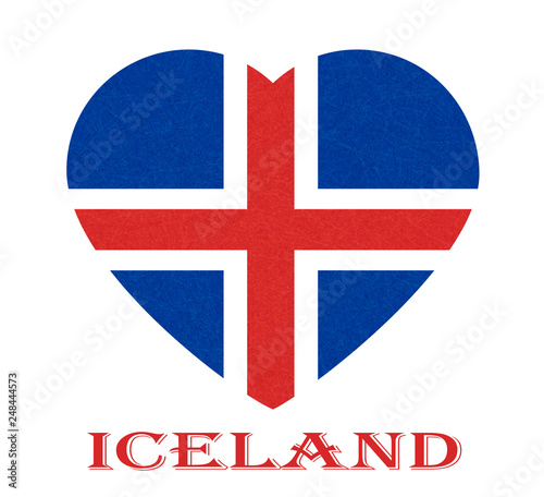 Iceland flag in heart shape. Isolated button of icelandic banner with scratched texture, grunge. Flat style, vector illustration with noise, marble textured background. Horizontal orientation.