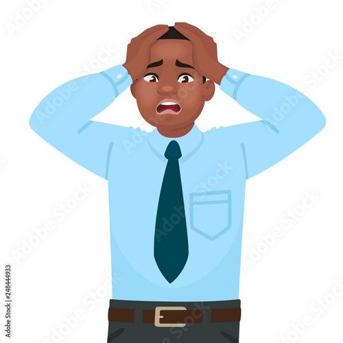 Stress and anxiety at work. An African American male office worker is alarmed. Headache. Problems in business