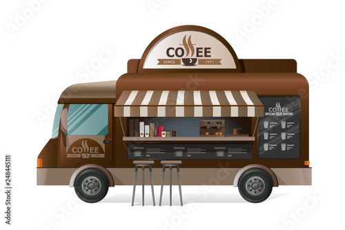 Street van, shop truck counter on wheels, sale of coffee.